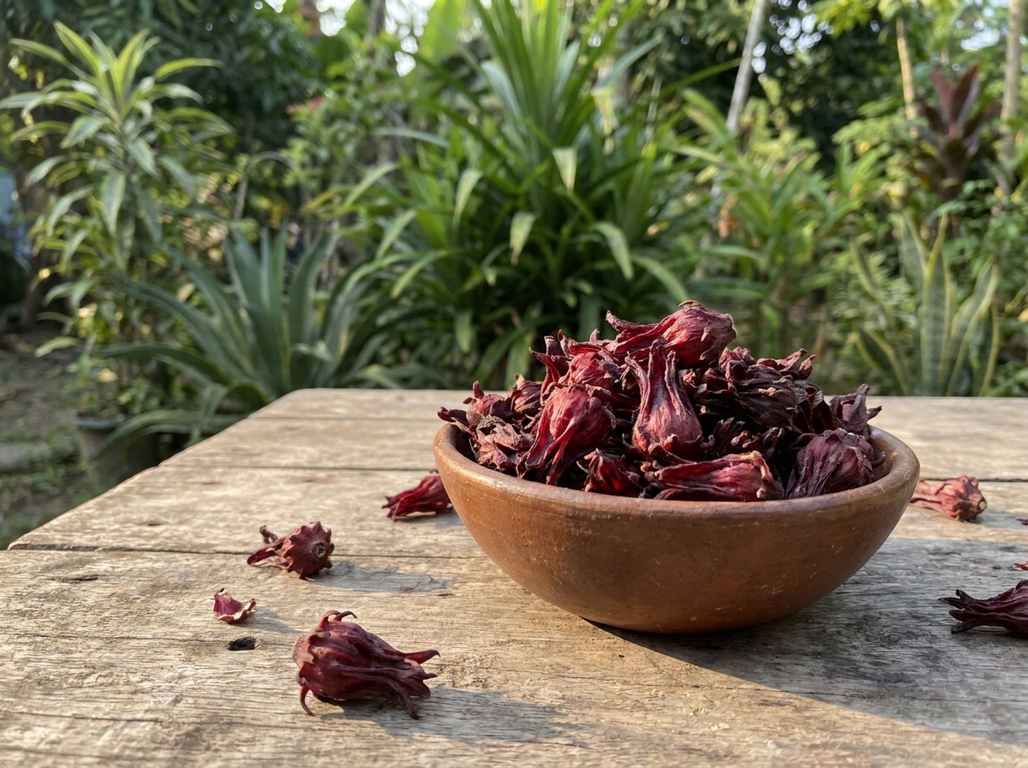Dried hibiscus flowers in a clay bowl
