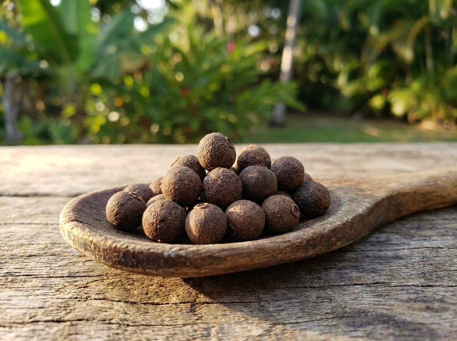 Whole allspice berries in a wooden spoon