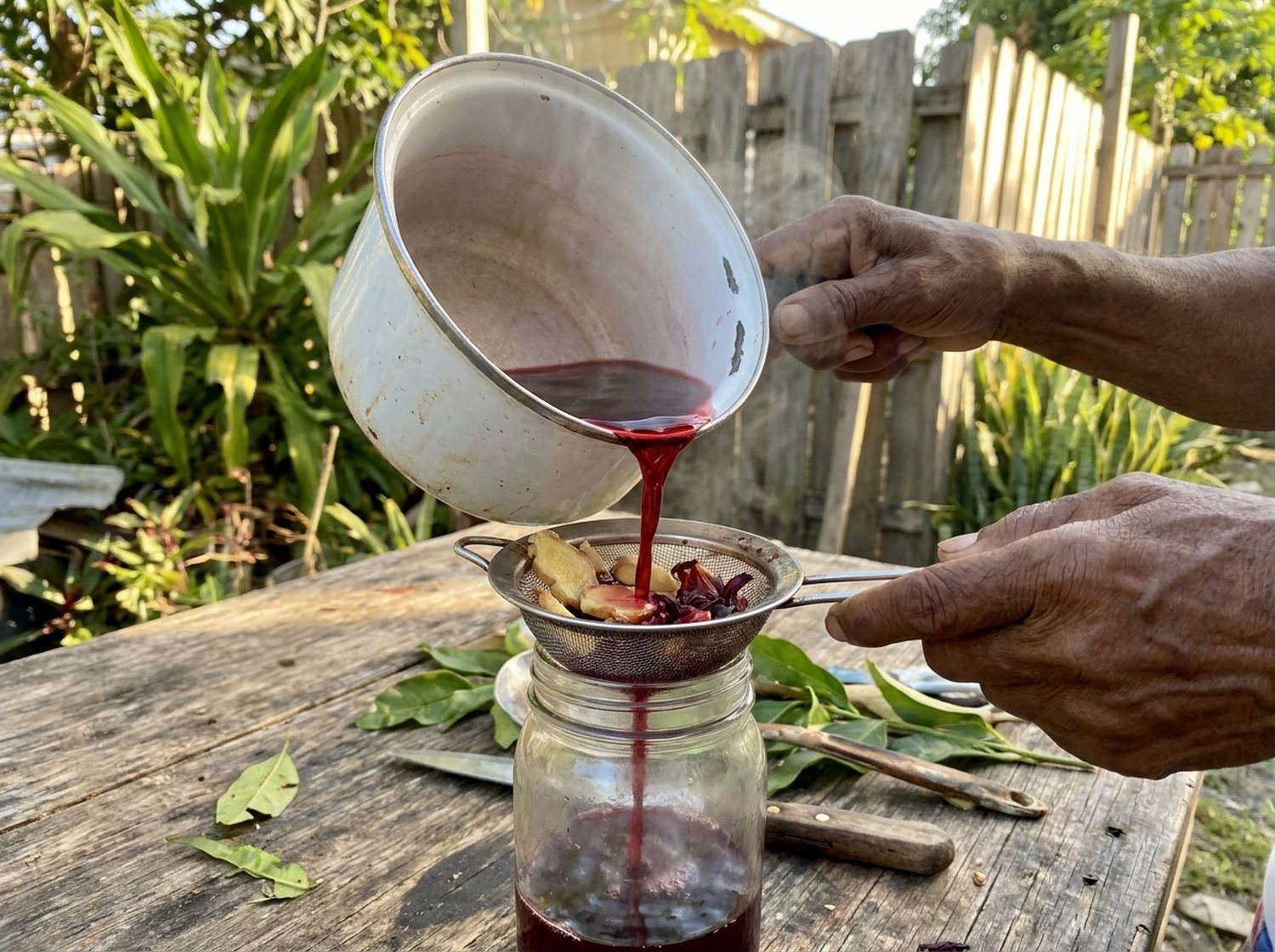 Straining the tea into a glass jar